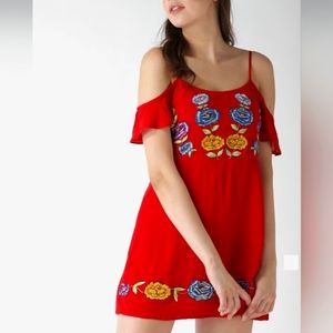 Forever 21 Red Floral Embroidered Open Shoulder A-Line Mini Dress size Small